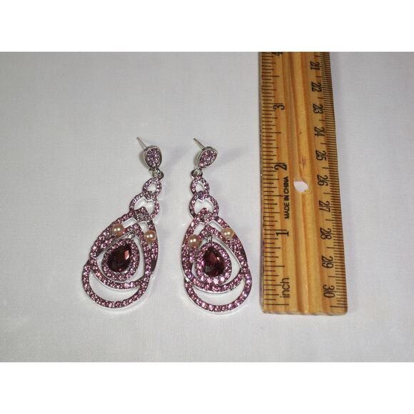 Grape Cranberry rhinestone tear drop wedding MOB party prom formal earrings - Picture 5 of 5